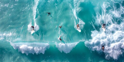 Aerial drone view of surfers catching waves