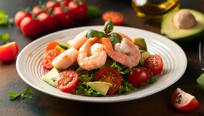 salad of prawns salad of shrimps avocado slice red tomatoes
