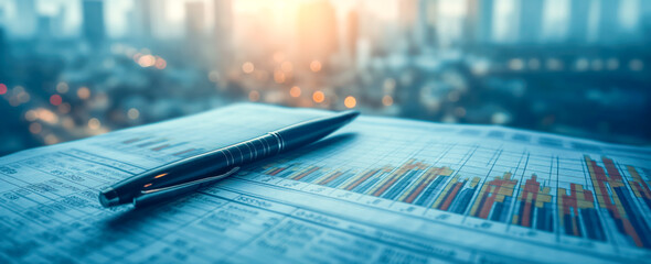 Close-up panoramic view of documents with graph and diagrams. Accounting concept.