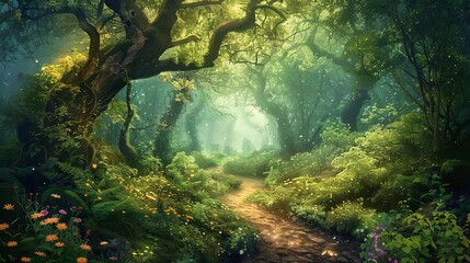 enchanting fantasy landscape with a path winding through a mystical forest digital illustration