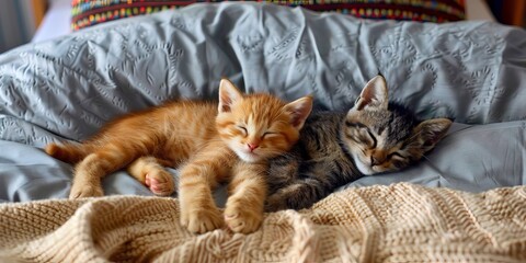 Two serene kittens, one ginger and one tabby, sleep soundly nestled together, radiating comfort and...