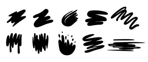 Brush strokes. Vector paintbrush set. Grunge design elements. Ink splatters. Grungy painted objects.