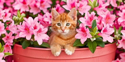 Curious ginger kitten peers out from a sea of pink blooms, vibrant greenery framing its playful...