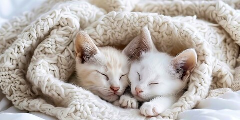 White kittens snuggled in a chunky knit blanket, paws and whiskers relaxed, fur so fluffy and soft,...