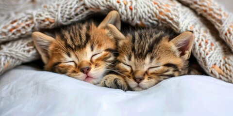 Tabby kittens nap closely, wrapped in a cozy blanket's embrace, tiny paws tucked, fur fluffy and...