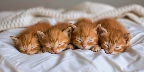Four ginger kittens in peaceful slumber, cuddled close on a soft comforter, their fluffy fur a cozy...