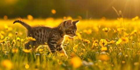 Adorable kitten amidst vibrant yellow daisies in a sunny meadow, encapsulating the joy and...