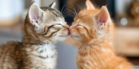 Ginger and tabby kittens share a tender nose-to-nose moment, furry faces touching softly, the...