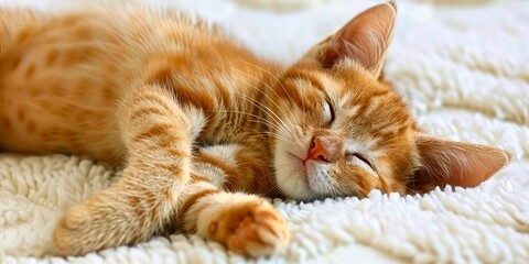 Ginger tabby cat asleep, sun-kissed fur glowing against plush white bedding, a picture of peaceful...
