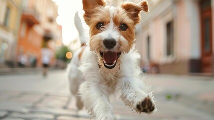 energetic dog jumping and running on city street playful canine enjoying outdoor activity