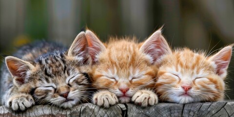 Three cute kittens, a cuddly tabby trio, asleep in peaceful slumber, radiating warmth and...