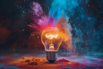 A light bulb is lit up and surrounded by colorful powder