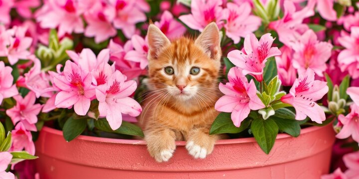 Ginger Kitten Sitting in Pink Flowers for Spring Garden Pet Portrait