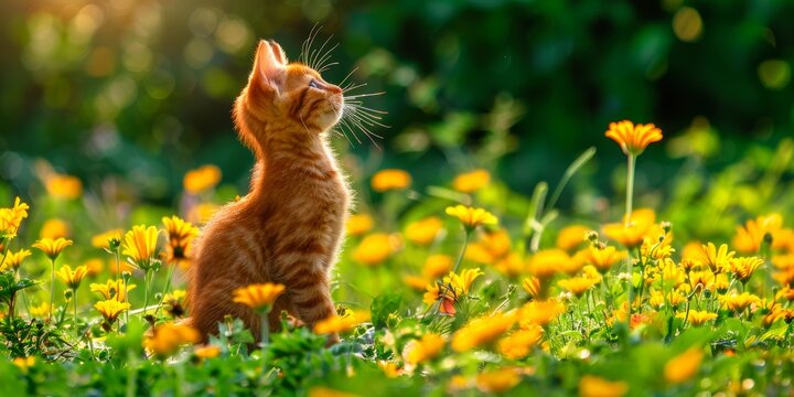 Inquisitive ginger kitten among bright marigolds, green leaves caress its soft fur as it explores the garden, a warm, vibrant spring day.