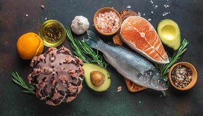 selection food for carnivore diet seafood meat megs and fat zero carbs diet concept