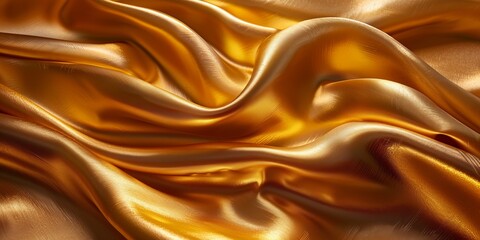 Luxury, Smooth Material Banner. Gold Glistening Fabric Background with Ripples and Folds.