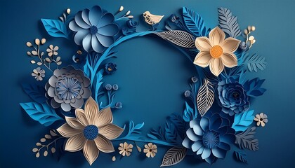 hello spring paper cut floral frame on blue background