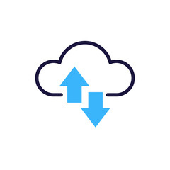 Cloud tech download and upload icon with two arrows. Vector graphic design element symbol