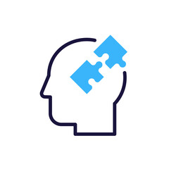 Head face profile with two puzzle pieces connecting. Vector graphic design element symbol for creativity, autism, problem solving solutions