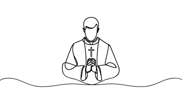 One continuous line drawing of a male priest. priest praying