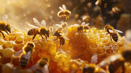 Illustrate the sweetness of pure honey through a 3D advertisement prompt, where bees and intricately designed honeycombs take center stage