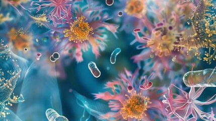 microscopic imagery of healthy gut flora, flowers like, bacteria and healthy microbes