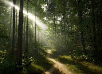 Obraz premium Forest beautiful atmospheric landscape, green forest, with lush greenery, generative ai