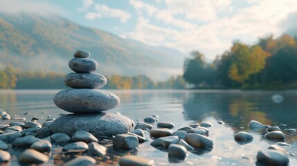 3D render of a smooth pebble stack by a serene lake, minimalist Zen