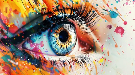 extreme closeup of human eye with colorful paint splatters and ink drips abstract digital illustration