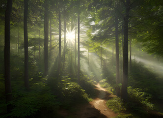 Forest beautiful atmospheric landscape, green forest, with lush greenery, generative ai
