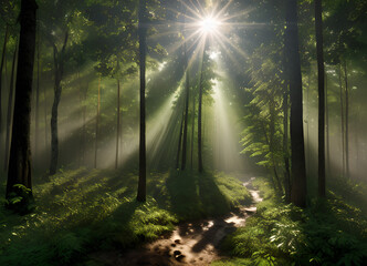 Forest beautiful atmospheric landscape, green forest, with lush greenery, generative ai