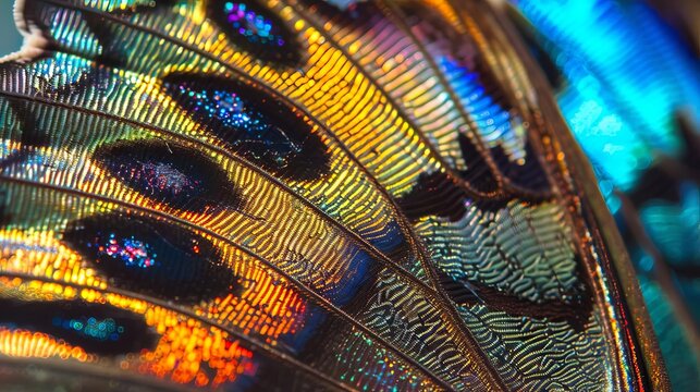extreme closeup of exotic butterfly wing texture vibrant iridescent colors and intricate patterns macro photography