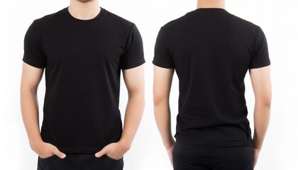Black t shirt front and back view, isolated on white background. Ready for your mock up design template