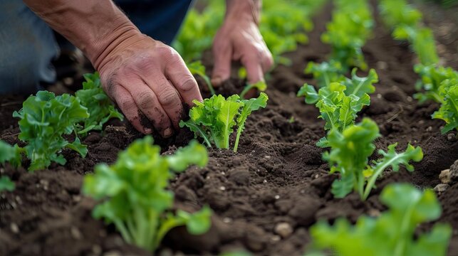 farmers hands planting young lettuce seedlings in rich soil of vegetable garden sustainable agriculture aigenerated image