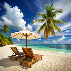 Obraz premium serene beach escape with chairs and umbrella