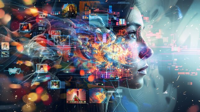 modern graphics digital illustration, generative AI representation, center composition, various AI generated images emerging from the center