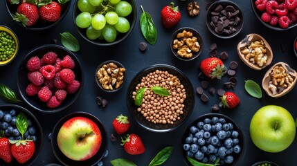 A vibrant display of fresh fruits, nuts, and legumes neatly arranged in bowls on a dark background, emphasizing nutritional variety.