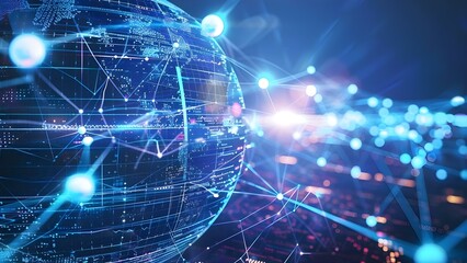 Futuristic digital business backdrop with AI VR blockchain and sustainability elements . Concept Futuristic Business Trends, Digital Innovation, AI & VR, Blockchain, Sustainability