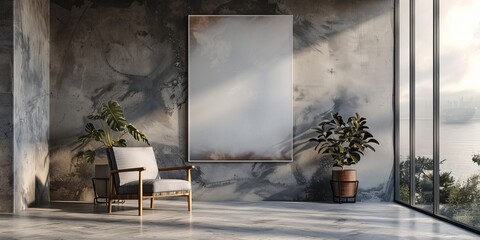 Contemporary Poster Mockup with empty wall. Modern Interior Design Background.