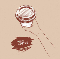 Vector hand drawn vintage sketchy top view illustration of hand holding disposable paper coffee takeaway cup with paint brush background banner