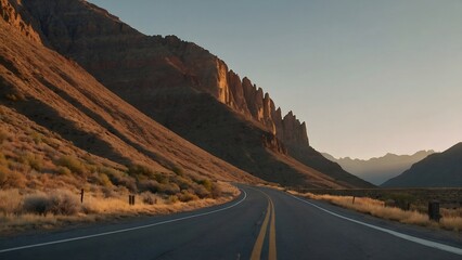 An old empty paved road runs through the mountains at sunset
