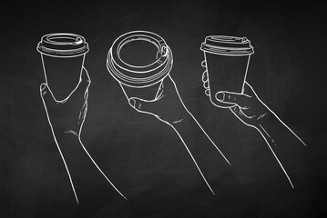 Line art Chalkboard drawing vector illustration set of hands holding disposable paper coffee takeaway cup