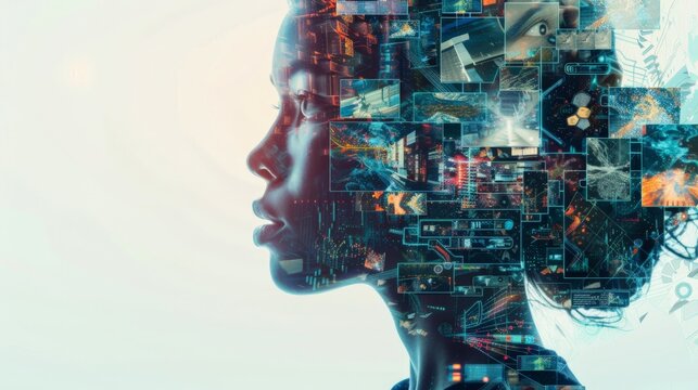 modern graphics digital illustration, generative AI representation, center composition, various AI generated images emerging from the center