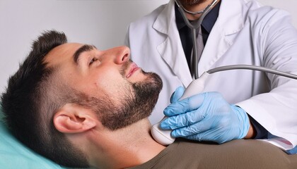 Obraz premium A doctor performs an ultrasound of the thyroid gland and cervical lymph nodes on a patient in a modern clinic against a light background