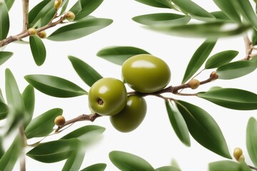 'isolated olives three green olive fruits branch leaves white background tree spanish closeup italian square berry whole extra cut-out cardboard box organic leaf virgin greece greek element stem'