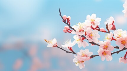 beautiful floral spring abstract nature background. Branches of a blooming apricot macro with a soft focus on a delicate blue sky . 