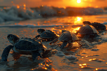 A family of sea turtles making their way across the sand, their journey illuminated by the light of the full moon.