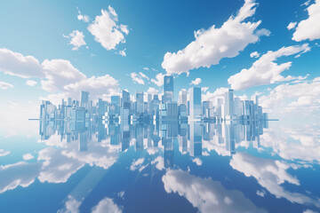 abstract modern city on a background of blue sky with white clouds