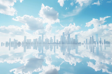 abstract modern city on a background of blue sky with white clouds