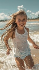 Naklejka premium Young girl running along the beach and happy in summer
